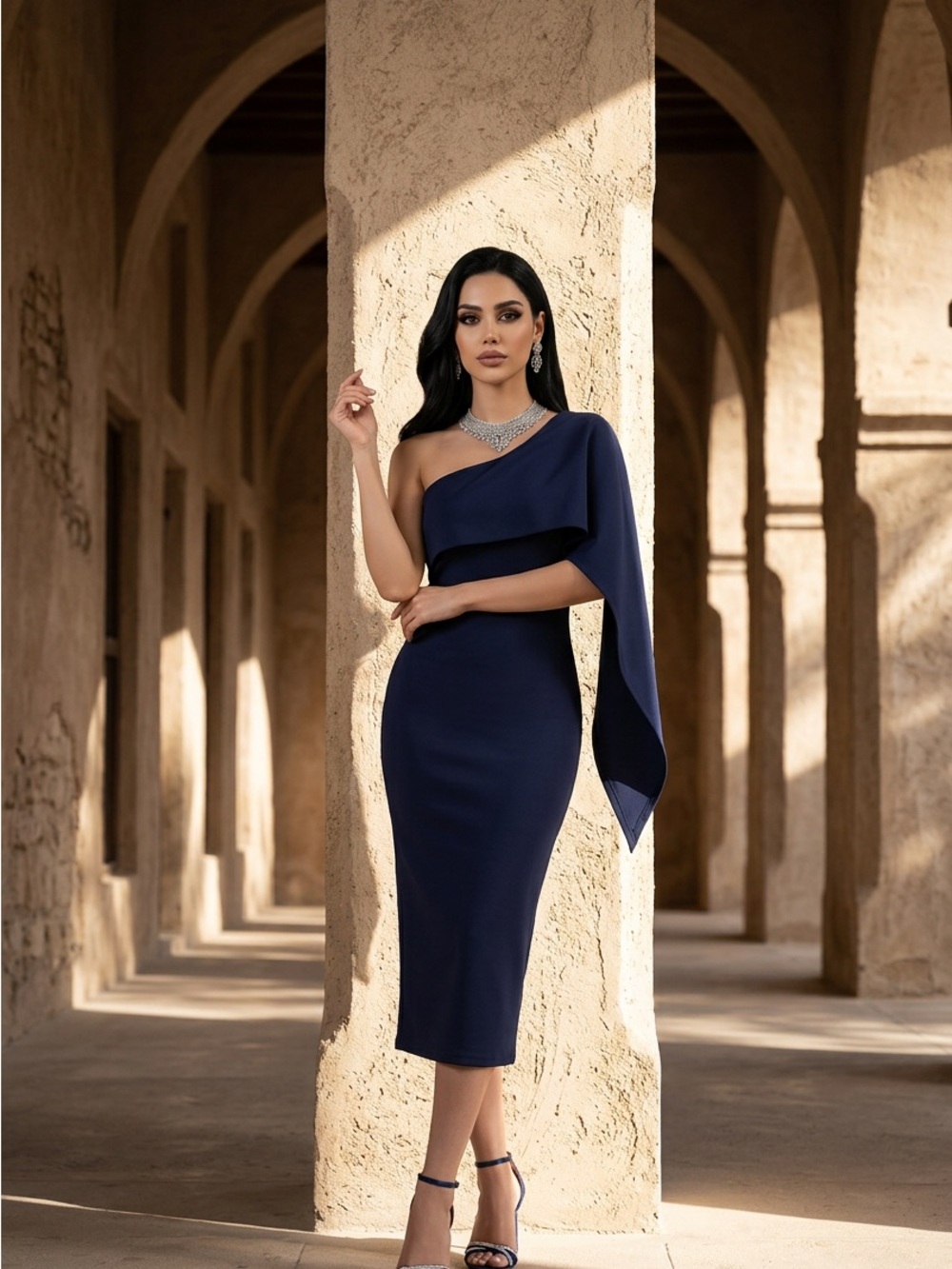 GOBLES Women's Elegant Asymmetrical 1 Shoulder Cape Bodycon  Cocktail Midi Dress